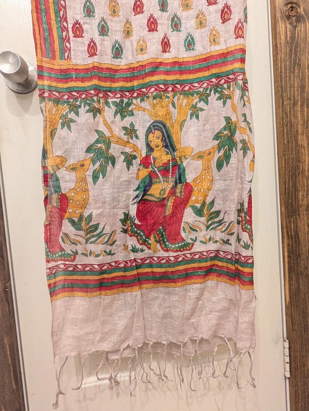 Vintage 1960s Linen Wrap Scarf Indian Cultural Scene Colorful Shawl Woman Deer